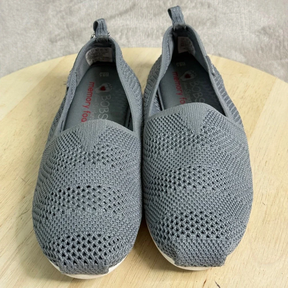 Skechers BOBS Women 8.5 Grey Knit Memory Foam Slip On Flats 33406 Peace and Love